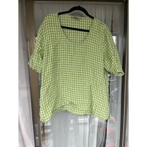 Flax Green & White Linen Top, Size L